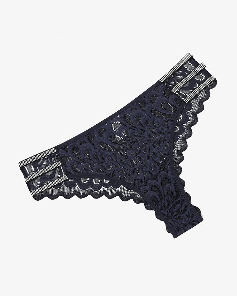 Navy blue lace glitter cheeky panty with scalloped edges and striped waistband trim.