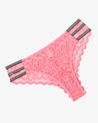 Pink lace glitter cheeky panty with scalloped lace edges and striped waistband trim.