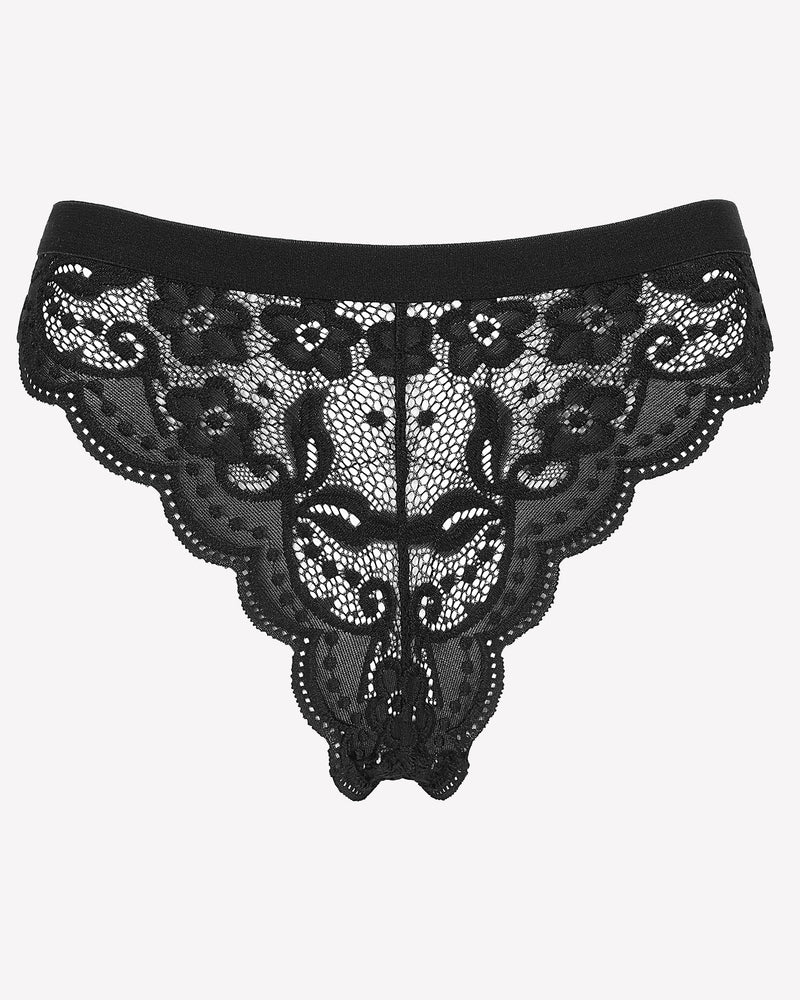 Black lace T-back thong with scalloped lace back and sheer floral pattern