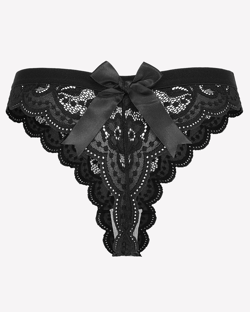 Black lace T-back thong with scalloped edges and center bow, low waist