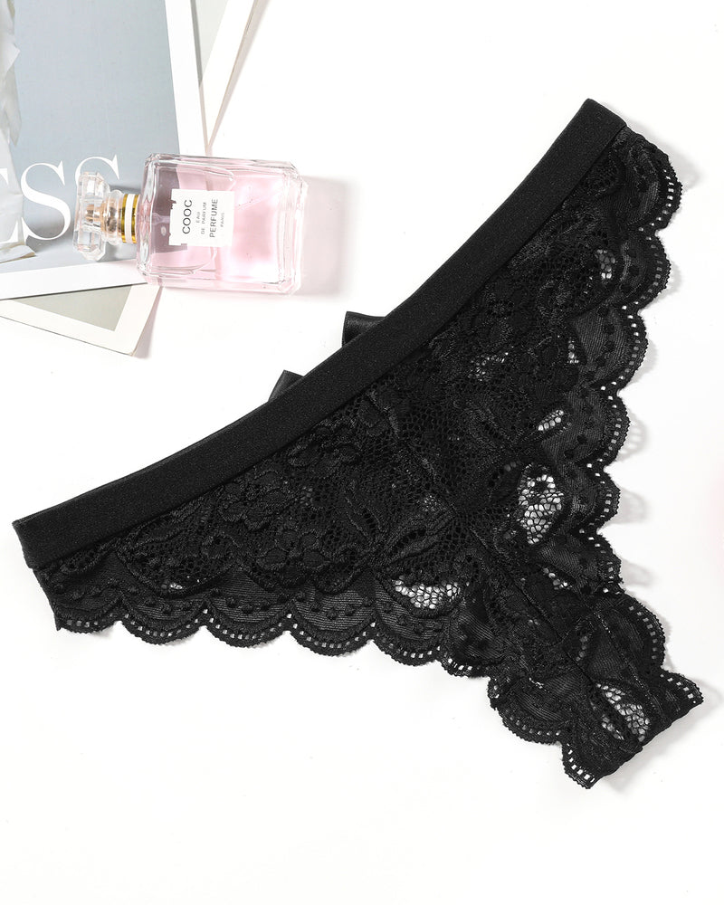 Black lace T-back thong with scalloped trim and wide waistband
