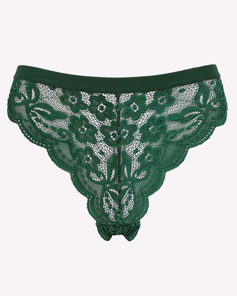 Green lace T-back thong with scalloped lace back and sheer floral pattern