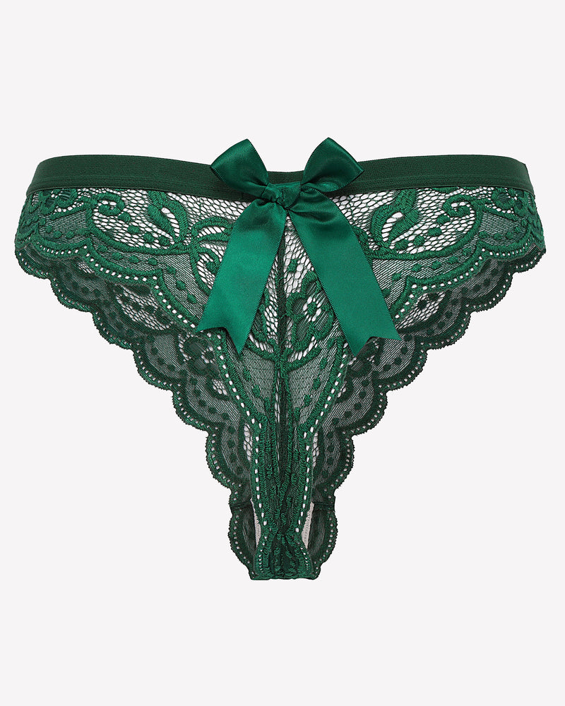 Green lace T-back thong with scalloped edges and center bow, low waist