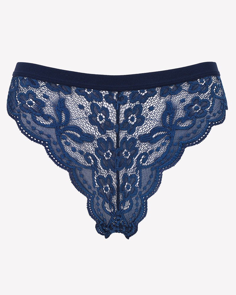 Navy lace t-back thong panties, low rise with floral lace pattern.