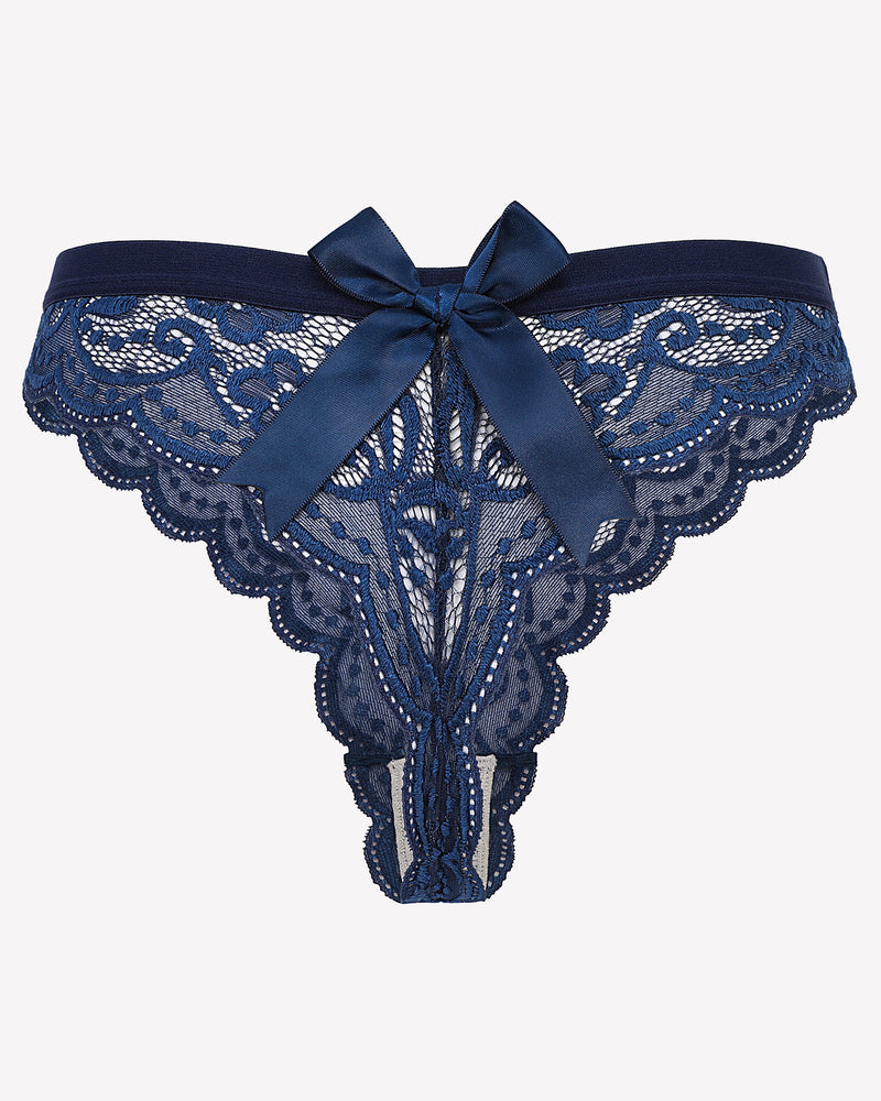 Navy lace t-back thong panties with bow at waist and scalloped trim.