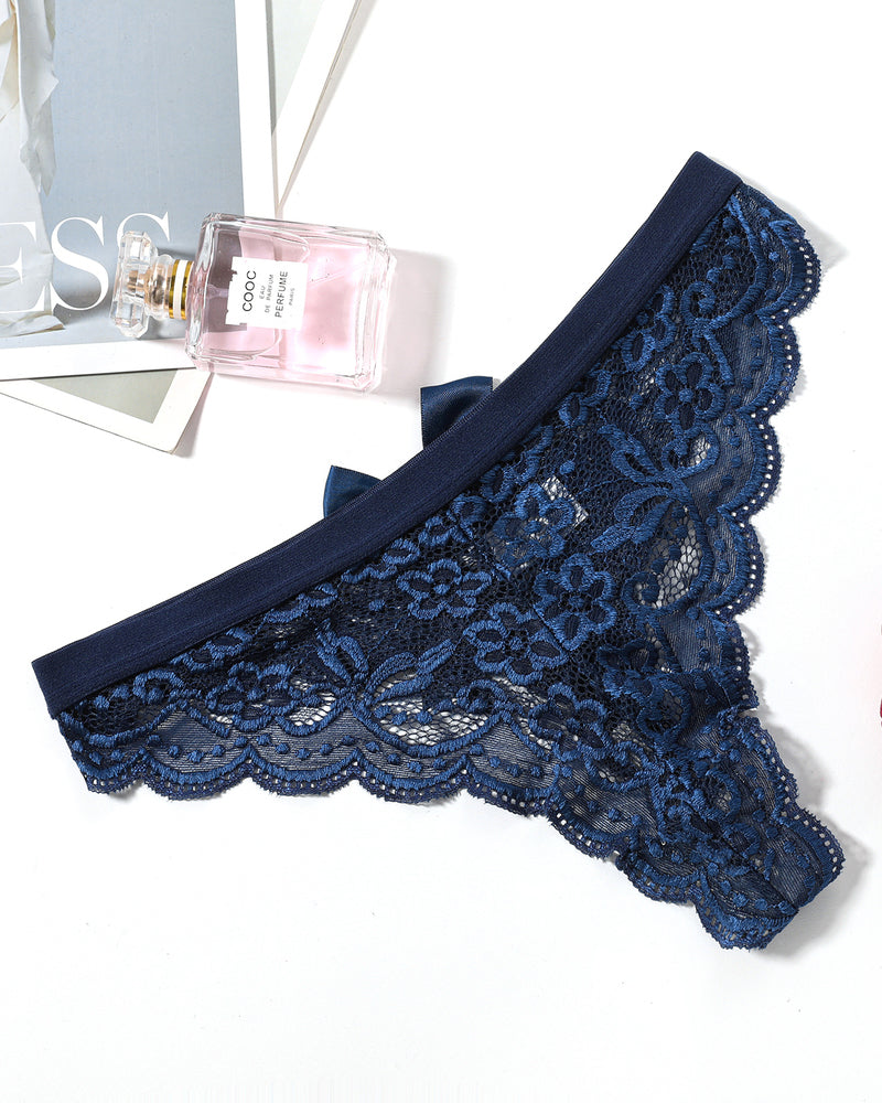 Navy lace t-back thong panties with wide lace waistband, scalloped edges.