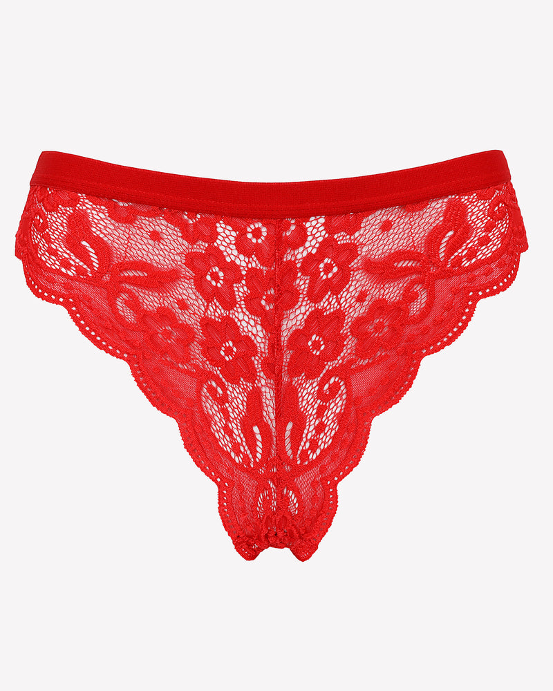 Red lace t-back thong panties, low rise with floral lace pattern and scallops.