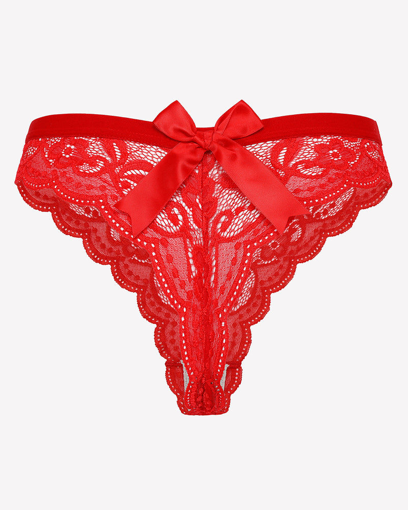 Red lace t-back thong panties with bow at waist and scalloped lace edges.