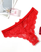 Red lace t-back thong panties with lace waistband, scalloped edges.