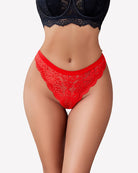 Red lace t-back thong panties, low rise with scalloped lace trim.
