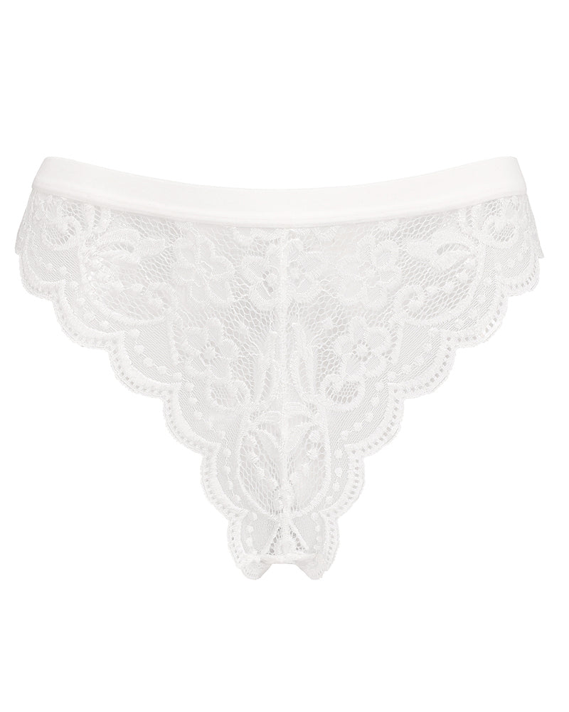 White lace low-waist thong with scalloped edges and T-back cut