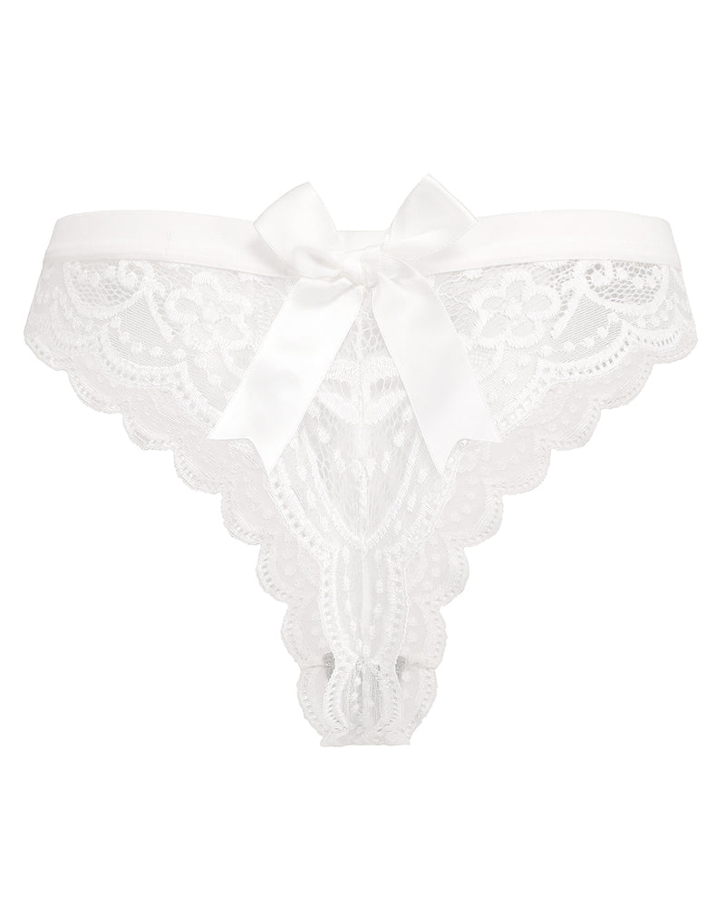 White lace T-back thong with low waist and front bow detail
