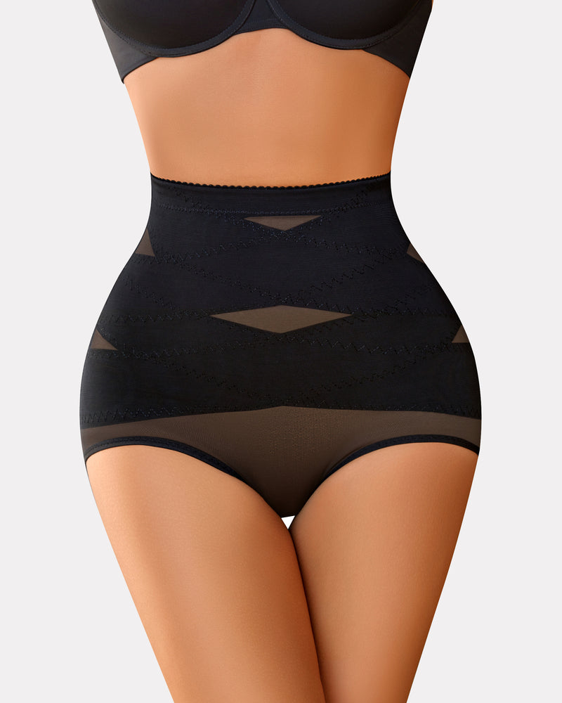 Black thong with lace-like sheer front and high-waist shaping panel