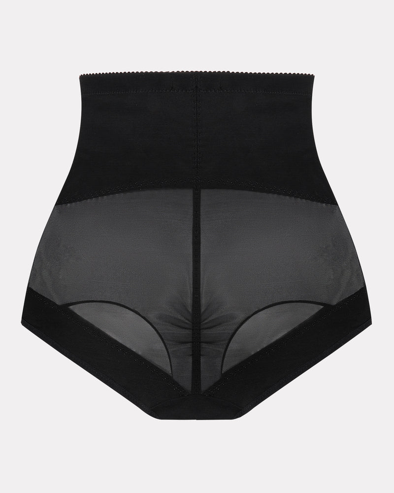 Black seamless high-waist shaping shorts with mesh sides and front seam detail