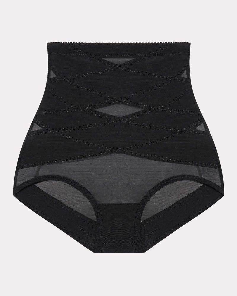 Black high-waist shapewear brief with diamond pattern mesh and sheer side sections
