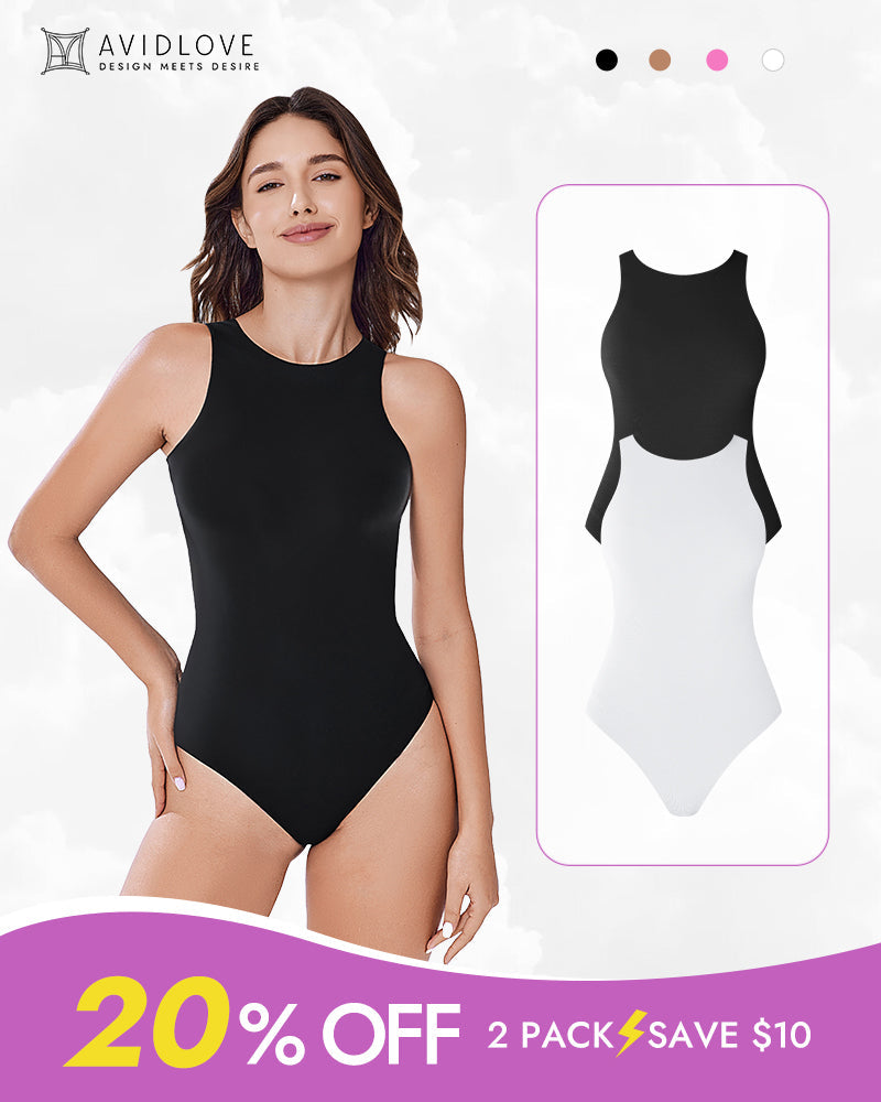 Black double-lined tank bodysuit shapewear with scoop neckline and high leg