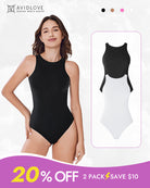 Black double-lined tank bodysuit shapewear with scoop neckline and high leg