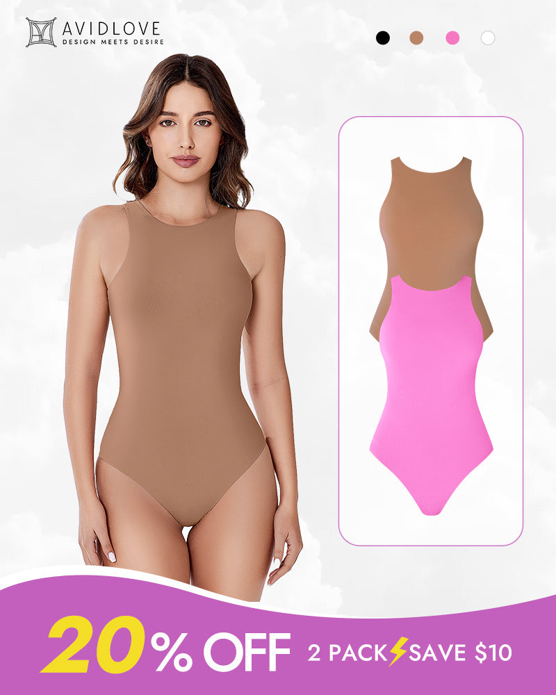 Tan double-lined tank bodysuit shapewear with scoop neckline and high leg