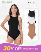 Black sleeveless shapewear bodysuit with scoop neck and high-cut leg openings