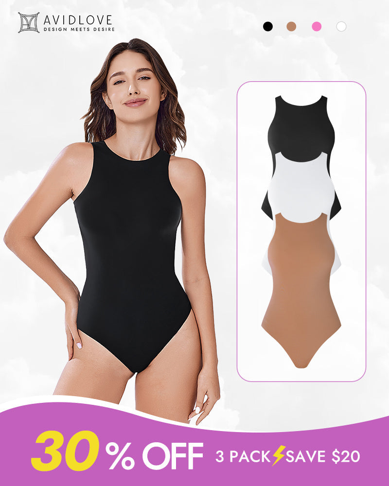 Black sleeveless shapewear bodysuit with scoop neck and high-cut leg openings