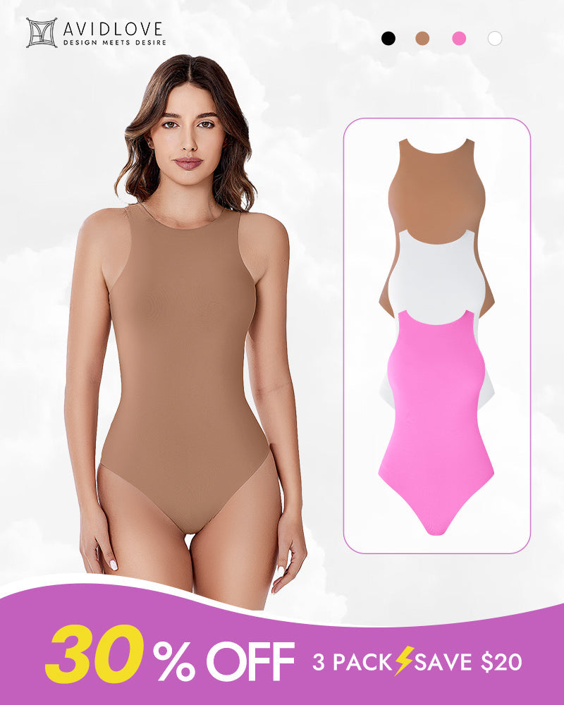 Tan sleeveless shapewear bodysuit with scoop neck and high-cut leg openings