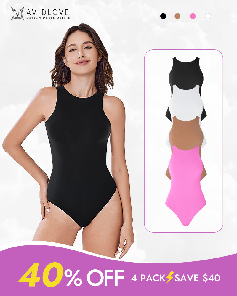 Black double-lined tank bodysuit with scoop neckline and high-cut leg openings.