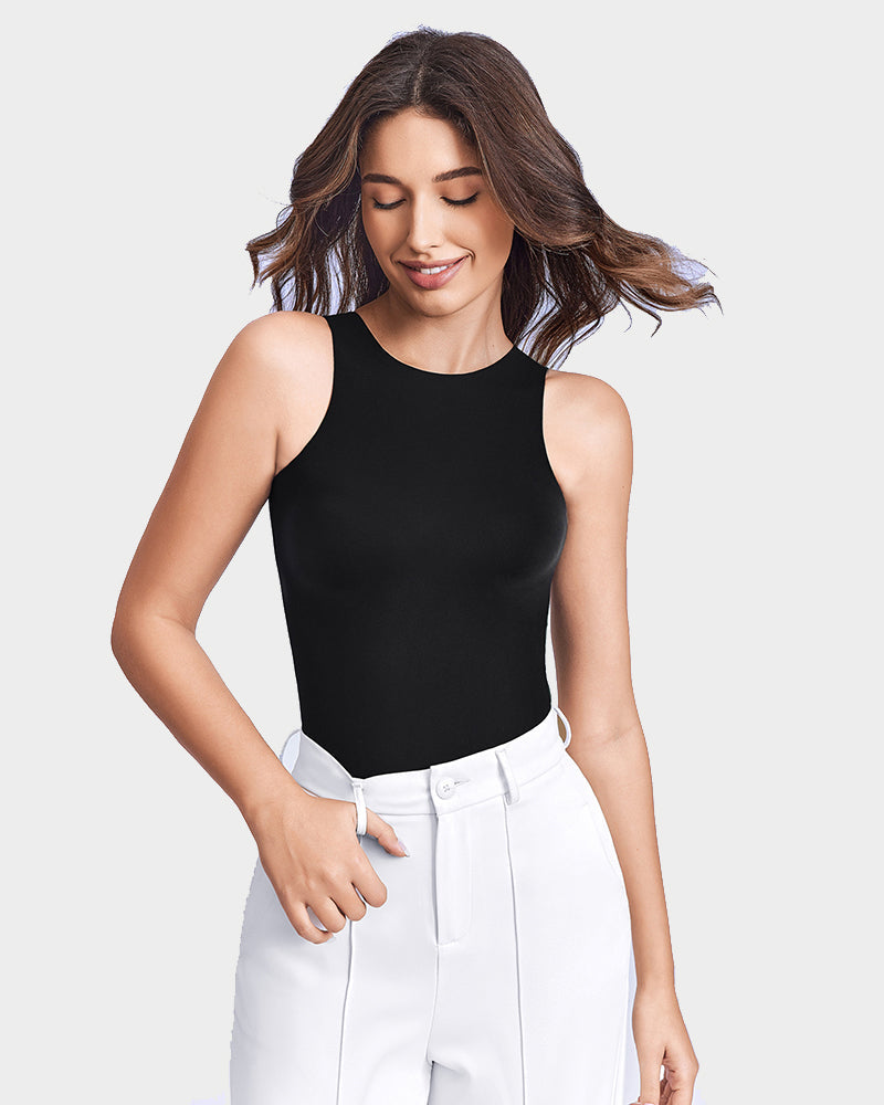 Black double-lined sleeveless bodysuit shapewear with scoop neckline and thong bottom.