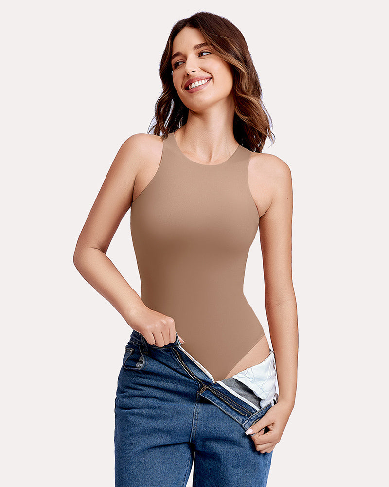 Double-lined tank bodysuit shapewear in brown/khaki, front view, scoop neck