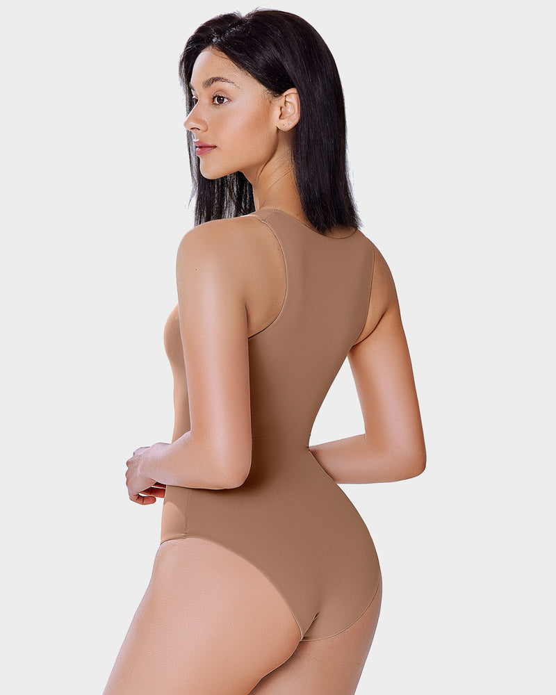 Double-lined tank bodysuit shapewear in brown/khaki, back view, scoop neck