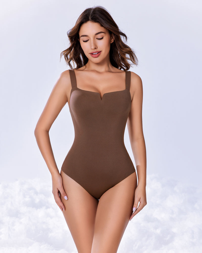 Brown double-lined square-neck bodysuit shapewear with thin straps, front view