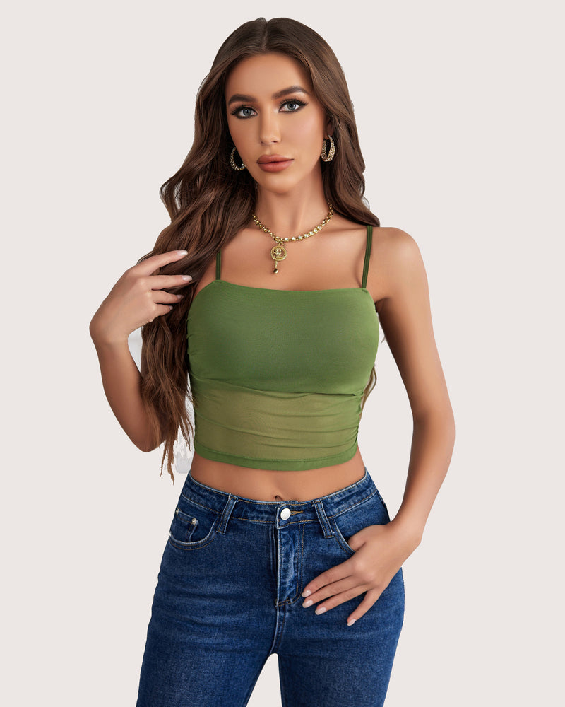 Green spaghetti strap mesh tank top with ruched waist and fitted hem