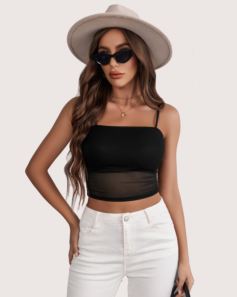 Black spaghetti strap mesh tank top with straight neckline