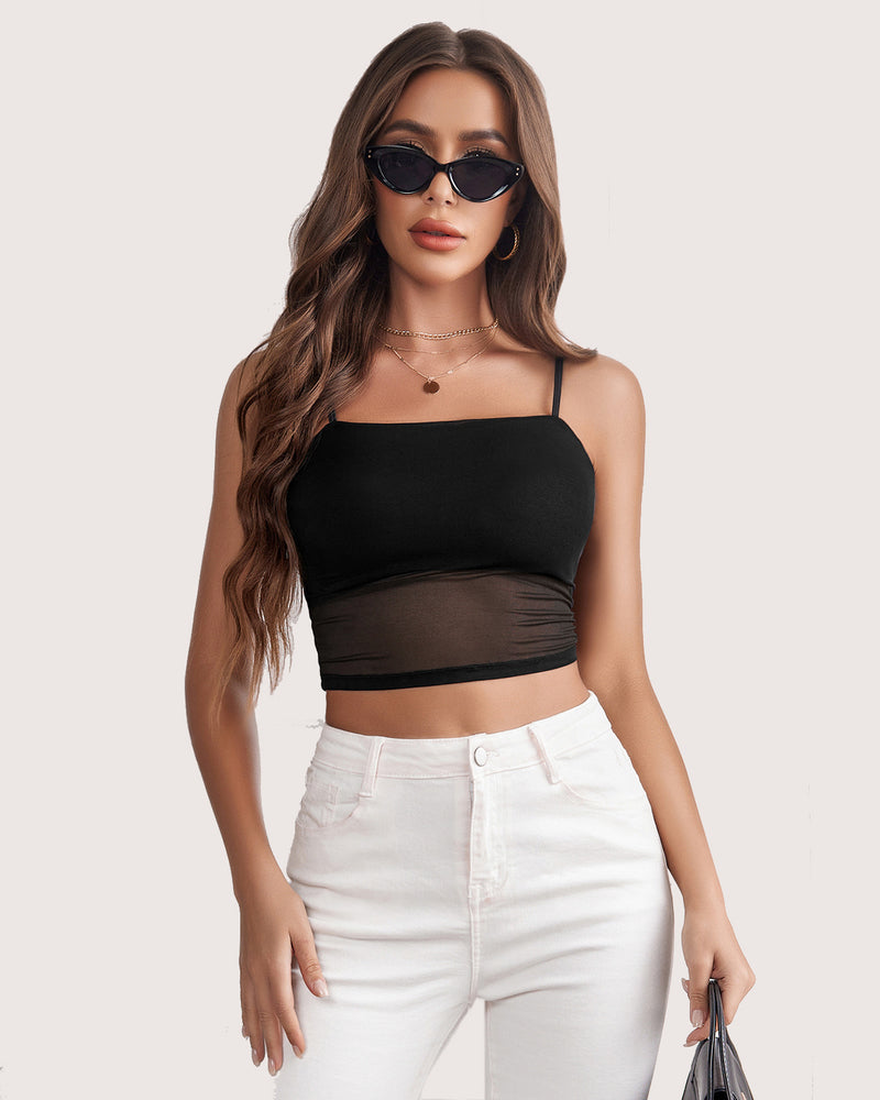 Black spaghetti strap mesh tank top, cropped fit with thin straps
