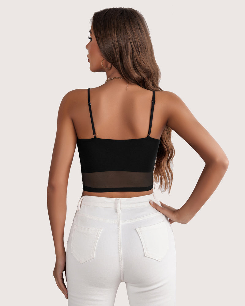 Black spaghetti strap mesh tank top, open back with thin straps