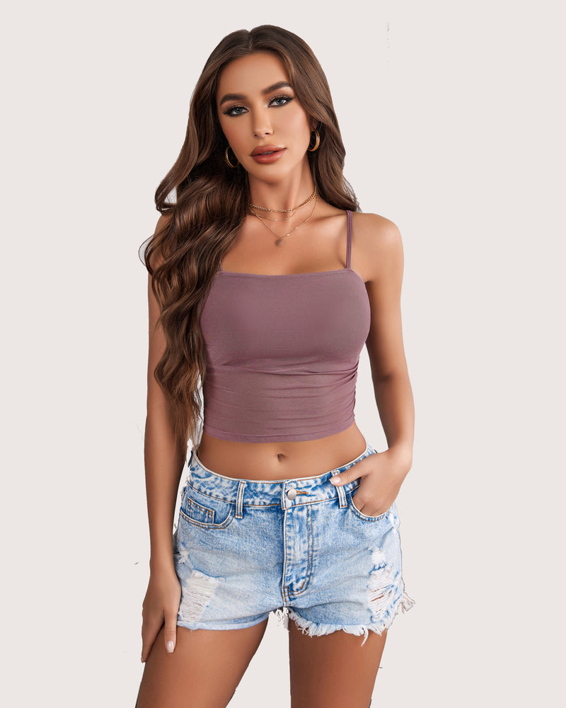 Lilac spaghetti strap mesh tank top with thin straps and ruched front