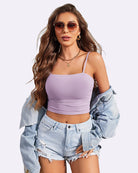 Lilac spaghetti-strap tank top with scoop neckline and ruched waist