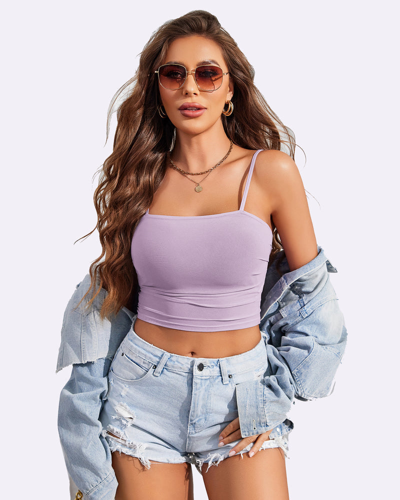 Lilac spaghetti-strap tank top with scoop neckline and ruched waist