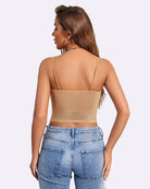 Apricot spaghetti-strap tank top with open square back and ruched waist