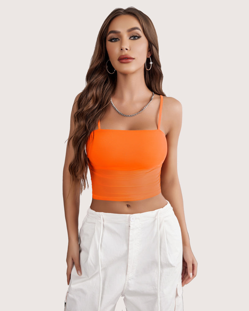 Orange spaghetti strap mesh tank top with thin straps and fitted cropped hem