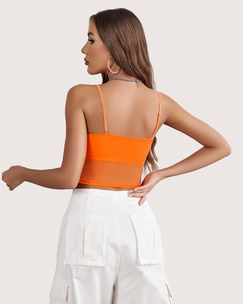 Orange spaghetti strap mesh tank top, open back with thin straps