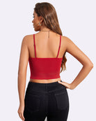 Red spaghetti-strap tank top with back straps and ruched lower hem