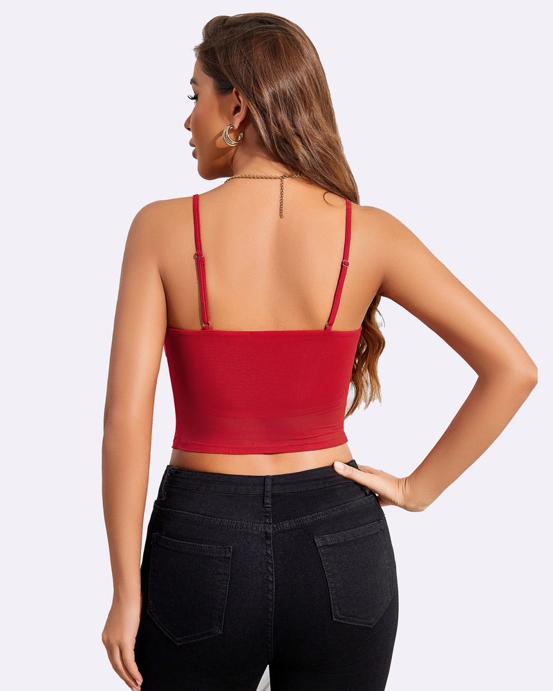 Red spaghetti-strap tank top with back straps and ruched lower hem