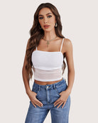 White spaghetti strap mesh tank top with straight neckline and thin straps