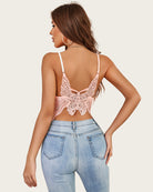 Pink lace spaghetti strap tank top with lace back panel and butterfly floral motif