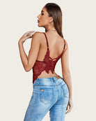 Wine red lace spaghetti strap tank top with open back and floral lace applique