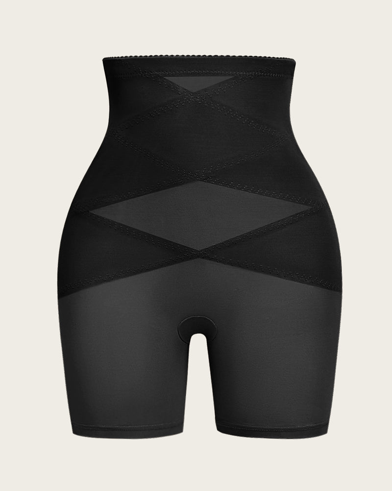 Black tummy control body shorts shapewear with crisscross shaping panel detail