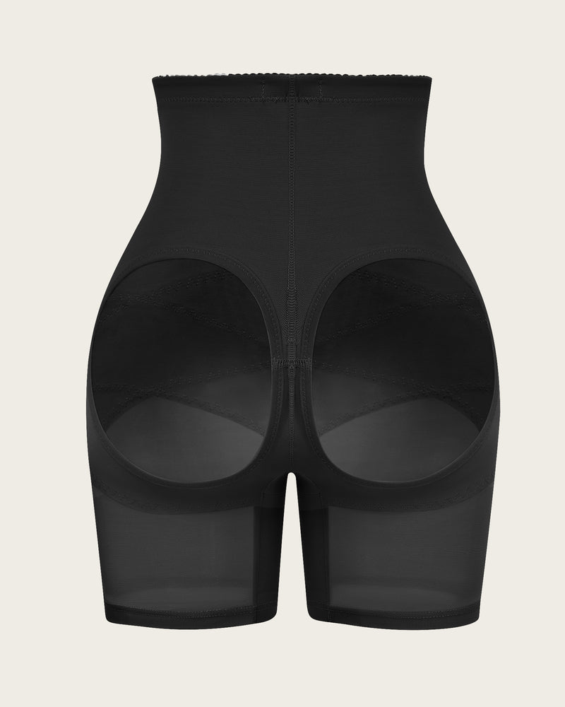 Black tummy control body shorts shapewear back view with oval contour panels