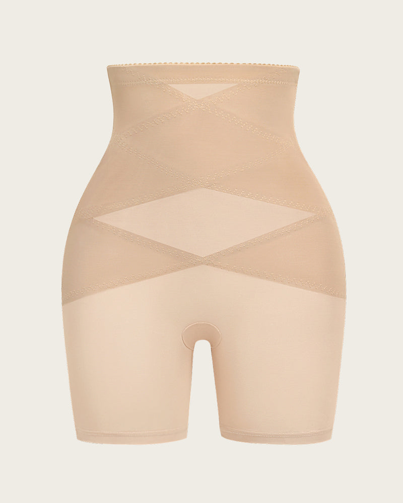 Nude tummy control body shorts shapewear with crisscross shaping panel detail