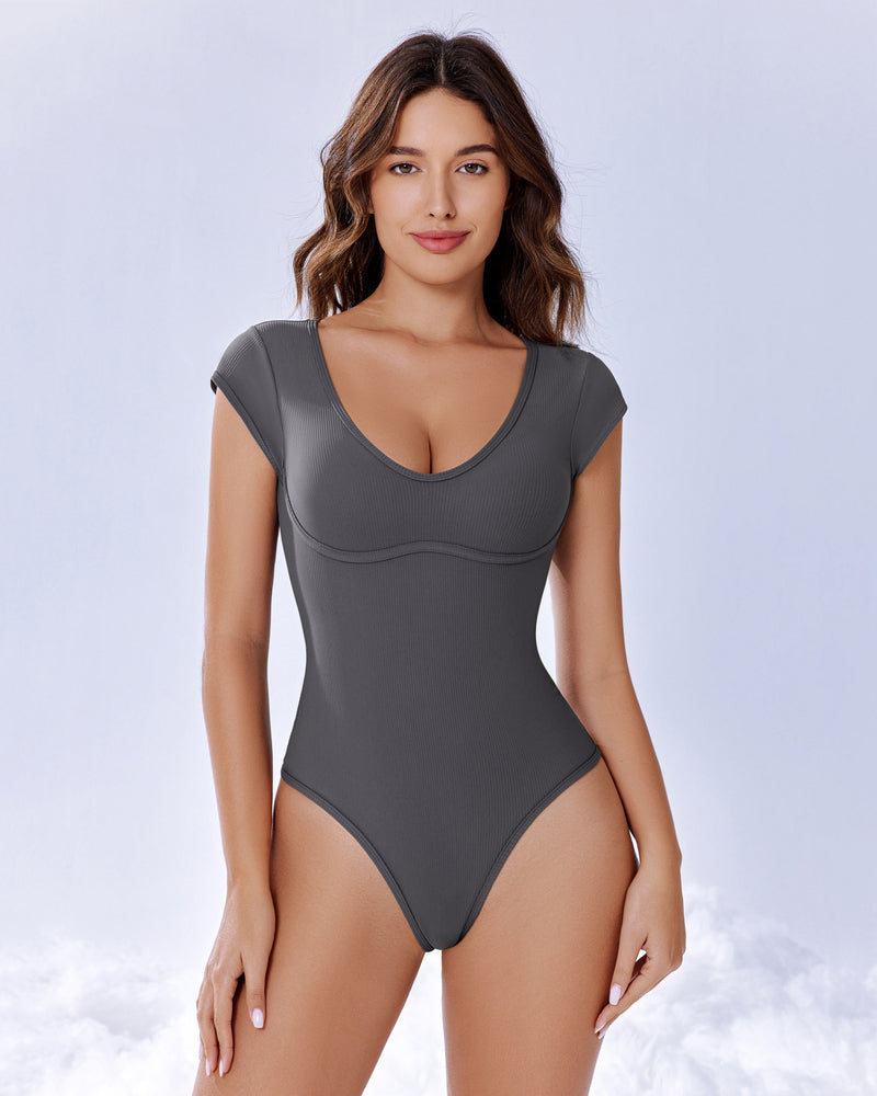 Dark gray shaping bodysuit with cap sleeves and deep scoop neckline