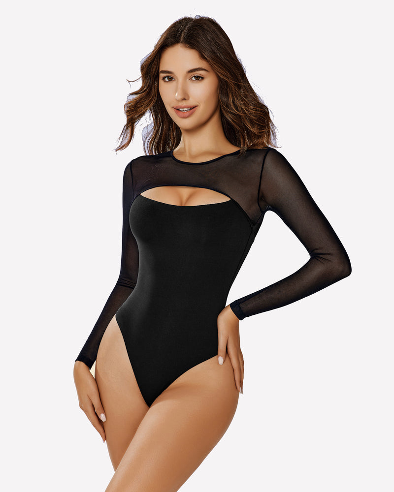 Black long-sleeve mesh bodysuit with oval front cutout